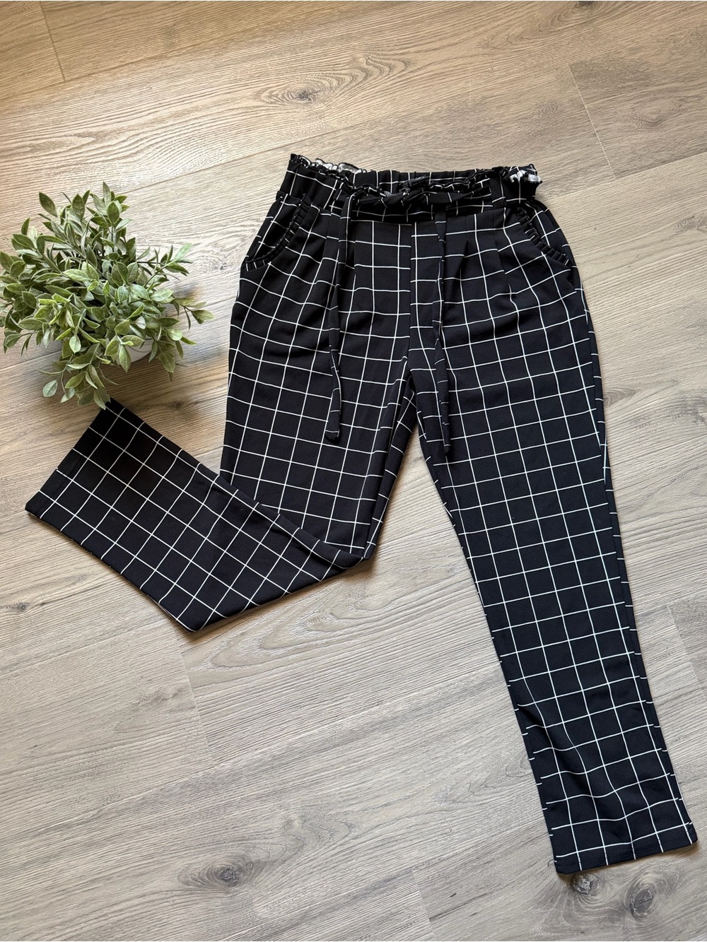 Soho Apparel Black Windowpane Paperbag Trousers
